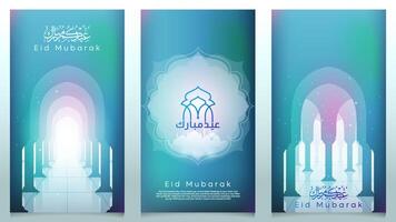 Eid Mubarak colorful mosque pillar with arabic calligraphy for banner and greeting card background vector