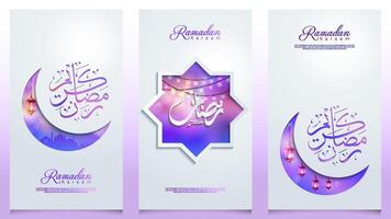 Ramadan Kareem islamic background crescent moon with arabic pattern and glow lamp for banner and greeting vector