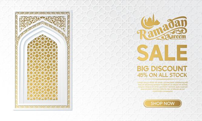 Luxury White Ramadan Sale Promotion with Mosque Window Ornamental Background