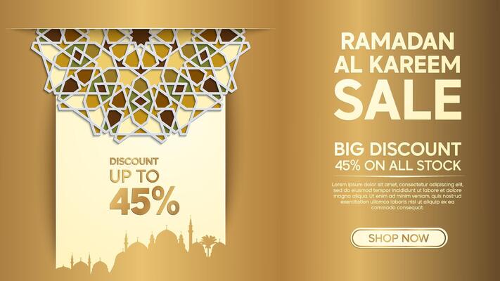 Ramadan Kareem Festive Sale Banner with Islamic moroccoan geometric pattern and mosque illustration