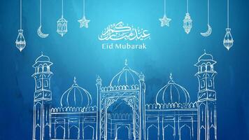 Eid Mubarak mosque illustration in blue vector