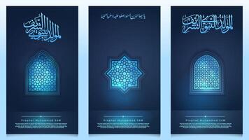Mawlid Al Nabi Muhammad mosque window with arabic pattern for islamic greeting and banner background vector
