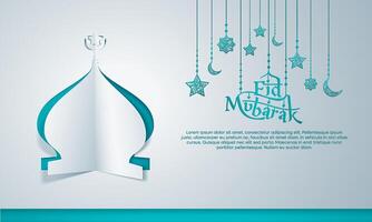Eid Mubarak Papercut Style with Islamic Crescent Star Floral Pattern for Banner, Greeting Card vector