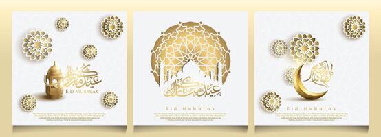 Eid Mubarak set of islamic greeting crescent moon lantern and arabic calligraphy geometric pattern vector