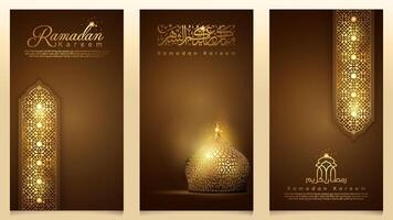 Ramadan Kareem Islamic glow mosque dome with arabic geometric pattern design for greeting and banner vector