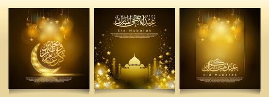 Eid Mubarak islamic mosque glow star and crescent greeting card background vector