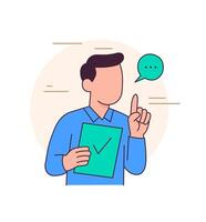 Man holding checklist and pointing up. Minimal flat illustration of communication and confirmation. vector