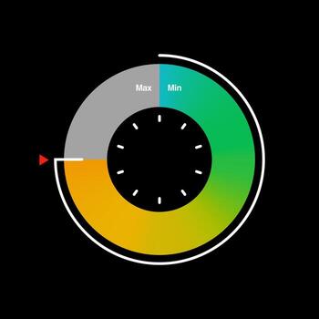 Modern circular gauge with segmented max and min level zones and color coded gradient from green to yellow and gray section. vector