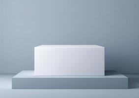 A minimalistic composition featuring two geometric shapes A white cuboid rests atop a larger light blue cuboid all against a plain background photo