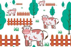 Seamless pattern funny cow,tree,wood,rumput on white background.set clip.eps vector