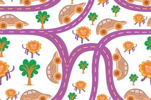 cute car on the road seamless pattern with trees,funny lion,for kid design vector