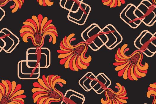 seamless pattern Chrysanthemums,japanese floral pattern with line cube on black background vector