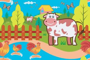 Seamless pattern of cute cows, trees, fences, grass, chickens, butterflies with mountain backgrounds for the design of children's rugs or background. EPS 10 vector