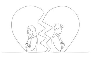 Continuous one line drawing of couple turning their backs on each other in broken heart, relationship breakdown concept, single line art vector