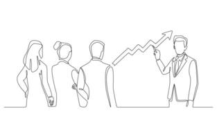 Continuous one line drawing of manager pointing out upward trend graph for employees to see, business presentation on growth strategy concept, single line art vector