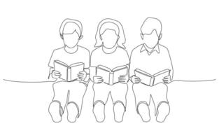 Continuous one line drawing of children sitting in group reading books, shared learning and joy of reading concept, single line art vector