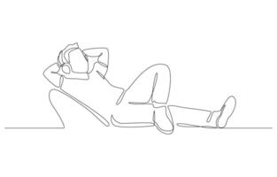 Continuous one line drawing of young man lying on his back listening to music with ease, personal relaxation through music concept, single line art vector