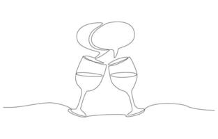 Continuous one line drawing of wine glasses clinking and speech bubbles connecting, social gathering concept, single line art vector