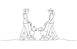 Continuous one line drawing of dog owners introducing their dogs to each other, dog meeting concept, single line art vector
