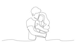 Continuous one line drawing of young man hugging his lover from behind, romantic couple concept, single line art vector