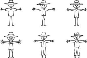 Set of Scarecrow Line Art Illustrations - Hand Drawn Farm Characters vector