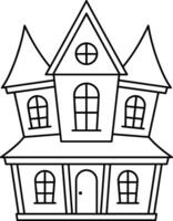 Cute Spooky House Line Art Illustration with Pointed Roofs and Arched Windows vector
