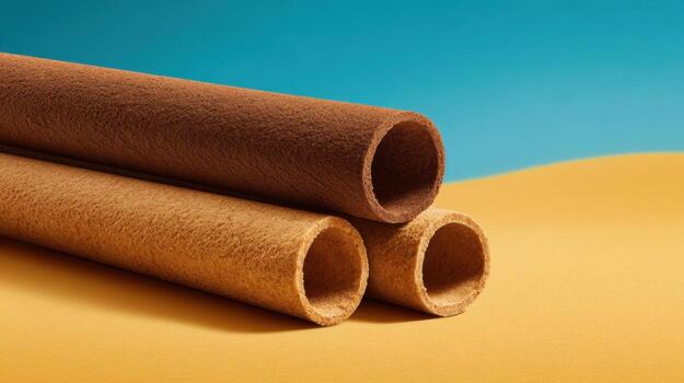 A stack of textured cylindrical objects in neutral tones against a contrasting blue and yellow background for abstract composition photo