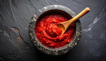 Red Chili Paste In Mortar With Spoon photo