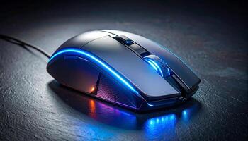 Transparent Shell Gaming Mouse With LEDs On Dark Surface photo