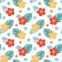 Tropical Floral Pattern with Hibiscus and Palm Leaves vector