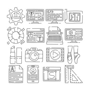 Outline style creative occupation icons including media, writing, design, photography, coding, and dance. Perfect for portfolios, web design, and artistic content. vector