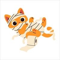 Playful orange cat wrapped in mummy bandages with toilet paper, perfect for Halloween-themed designs, cute spooky illustrations, party decor, and funny seasonal artwork. vector