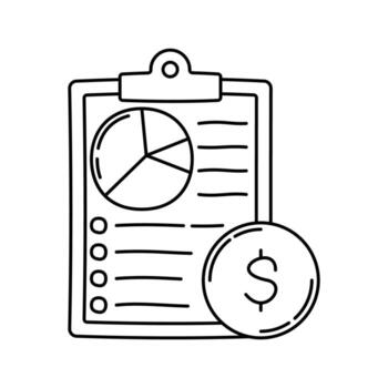 portapapeles gráfico contorno garabatear, documento con tarta gráfico y Lista de Verificación, útil para financiero planificación, informes, y revisión de cuentas ilustraciones. vector