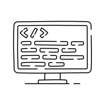Code Monitor Outline Doodle style, screen with lines of code representing software development, ideal for programming and creative tech content. vector