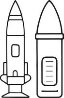 Cartoon rocket pair in black and white line art for space exploration or science illustration vector