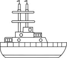 Cartoon ship in outlined black and white line art for coloring or marine themed illustrations vector
