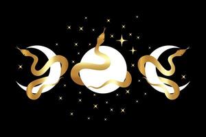 Celestial Triple Goddess and mystical sacred snakes border frame, wicca banner sign. Triple moon pagan Wiccan symbol, boho style, gold luxury isolated on black background vector