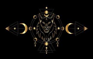 Mythological wolf or mystical Fenrir on Sacred Geometry and Moon Phases. Gold luxury illustration of Sacred ethnic wild animal isolated on black background vector