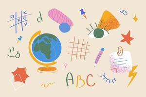 Fun school design kit with globe eye notebook palette and ABC in creative abstract style Use for educational print projects kid friendly designs and school resources vector