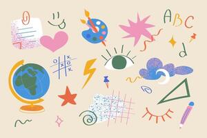 A whimsical educational design element set featuring a palette of eyes, hearts, globes and ABCs in a colorful abstract style. Perfect for school posters, kids learning printables and classroom learnin vector