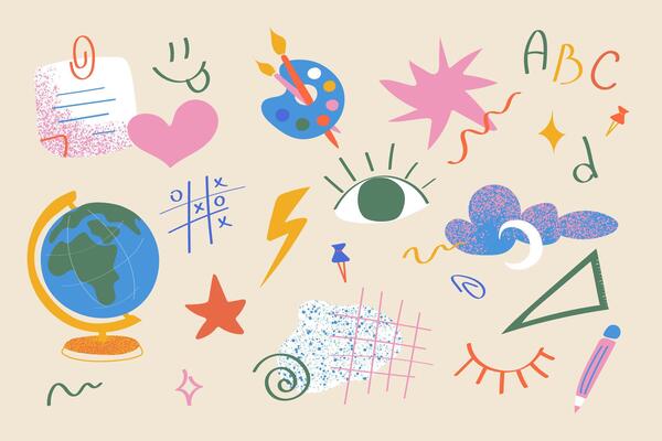 A whimsical educational design element set featuring a palette of eyes, hearts, globes and ABCs in a colorful abstract style. Perfect for school posters, kids learning printables and classroom learnin