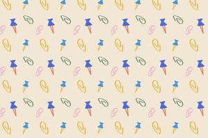 School stationery pattern with colorful push pins and paper clips on beige background Ideal for notebooks planners kids fabric and education themes vector