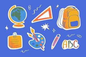 Bright school stickers with backpack, globe, triangle pencil and palette on blue background. Fun flat pack for kids, educational materials and creative projects. vector