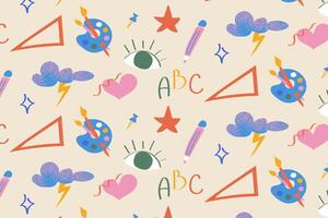 Creative Back to School pattern template with abstract educational icons including a palette of clouds, eyes, lightning, ABC and stars. Perfect for school supplies and children's products. vector