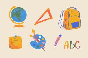 Colorful school supplies with separate backpack, globe, pencil palette and ABC for class projects, educational media and kids themed illustrations vector