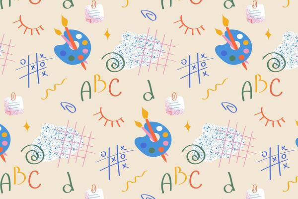 Fun school pattern with art supplies ABC letters and doodles Perfect for kids education projects fabric wrapping and creative stationery