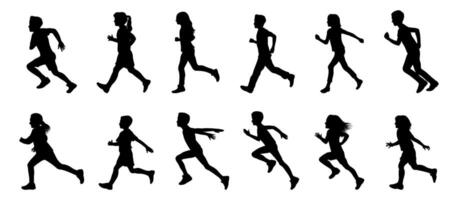 Silhouettes of Children Running - Side View of Active Kids in Motion vector
