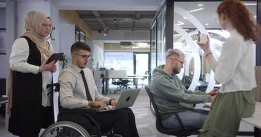 Group of business people brainstorming together in a startup space, discussing business projects, investments, and solving challenges. video