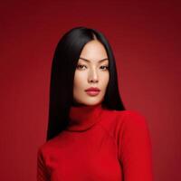 Striking portrait of a woman with sleek black hair and red lipstick against a vibrant red backdrop exuding confidence and poise photo