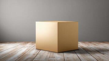 A simple geometric composition featuring a cube sitting on a rustic wooden surface against a solid color wall showcasing minimalist design photo